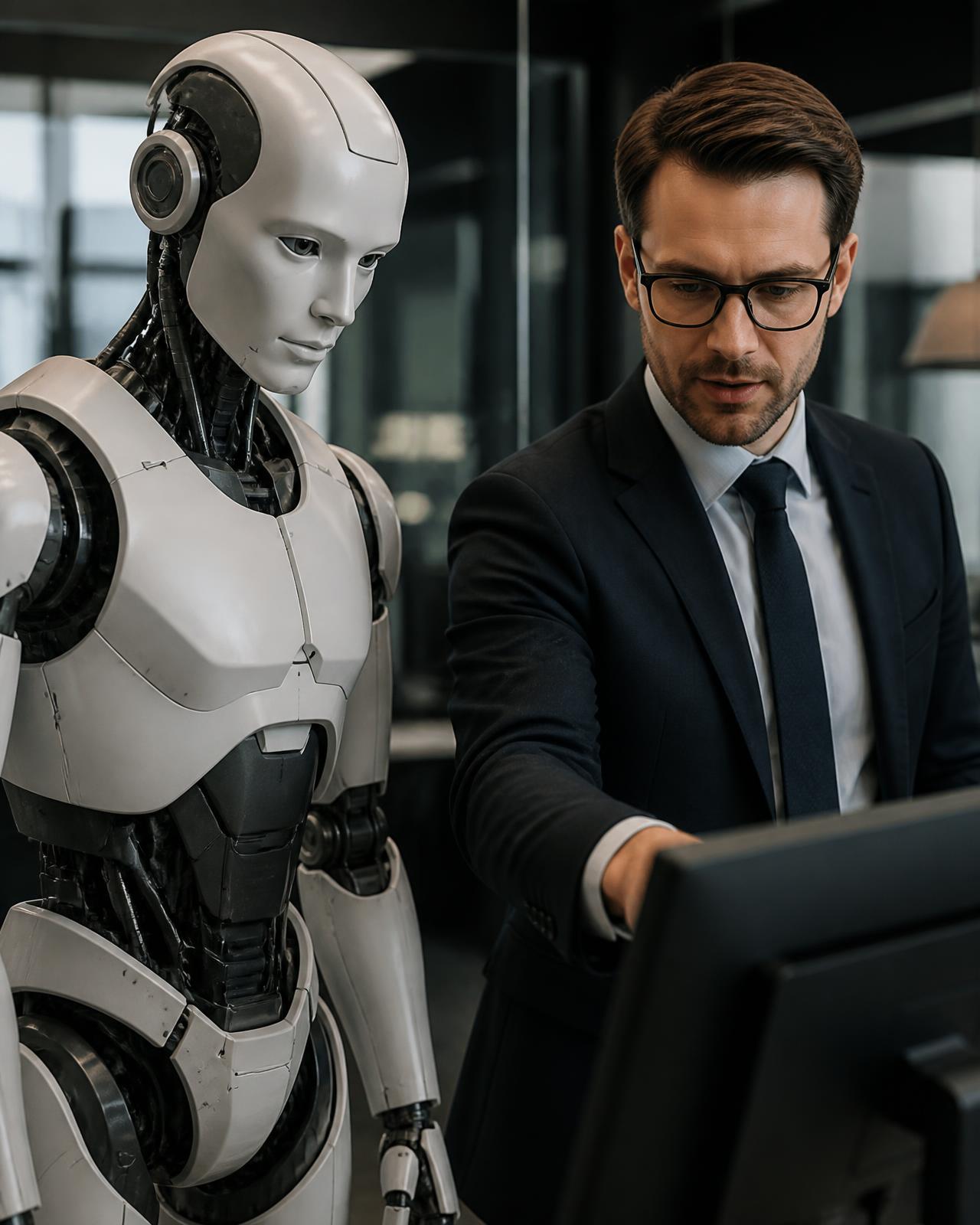 Agente humanoide e profissional comercial analisando informações em um monitor