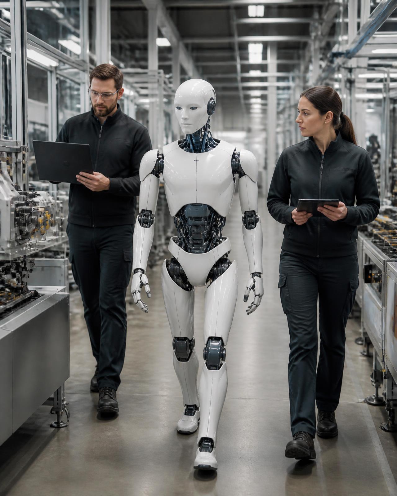 Agente humanoide acompanhando uma linha de produção ao lado de engenheiros